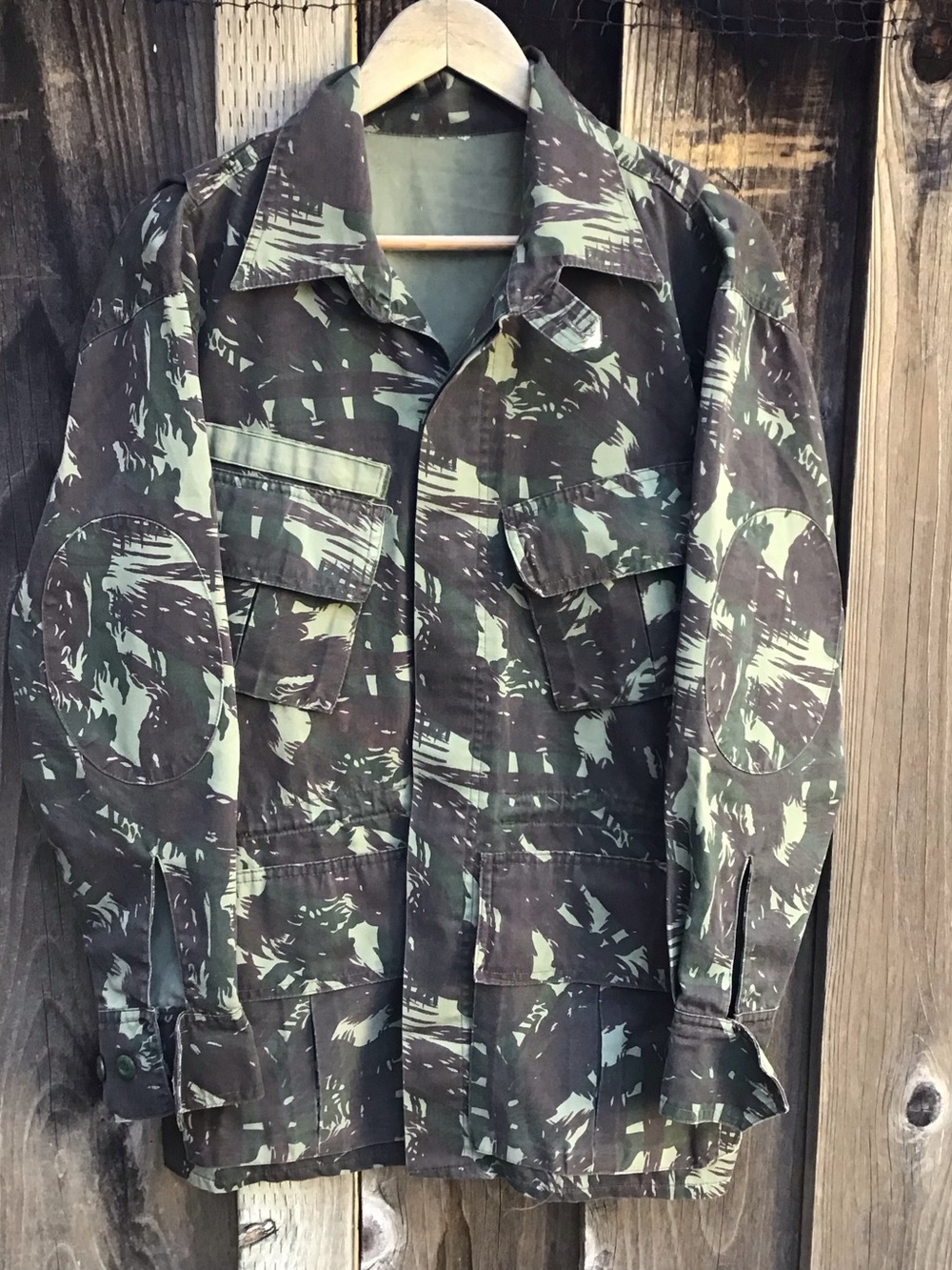Vintage Camo Military Field Jacket Green Brown Multi Pocket Button Front